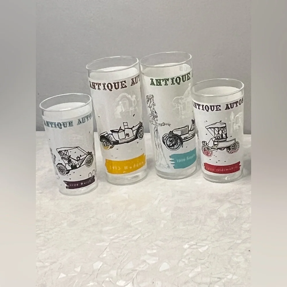 Vintage Anchor Hocking Antique Autos Tumblers Highball Glasses Cocktail Set of 4